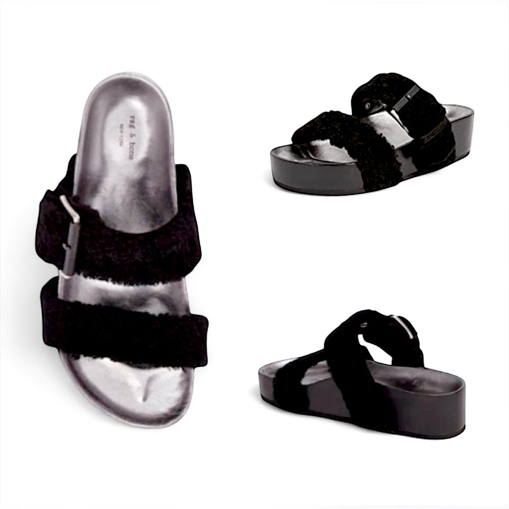 Rag & Bone Evin Shearling Black Platform Slip On Slide Sandals
